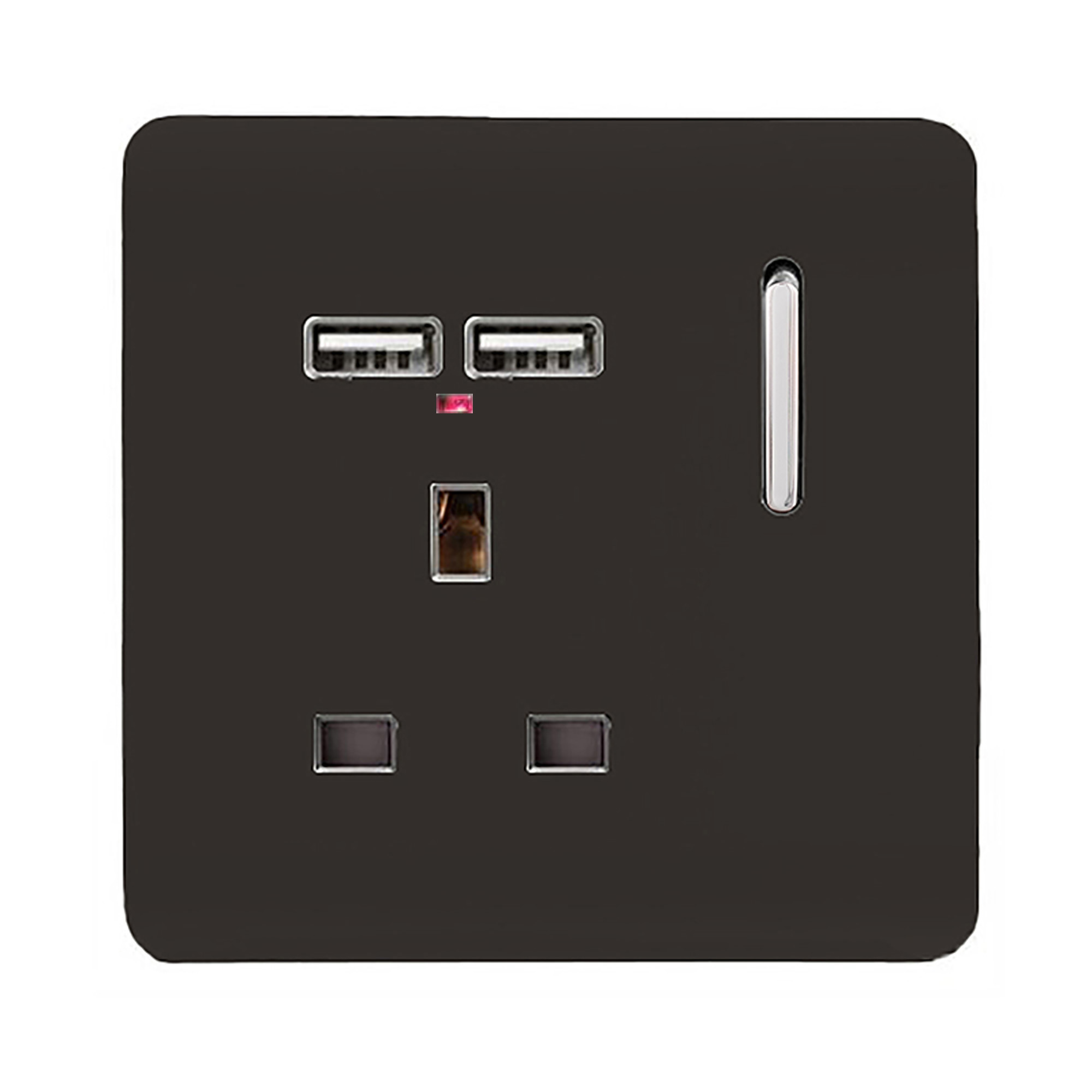1 Gang Switched Single Socket 13A With 2 x USB-A 10W (Shared) With Neon Insert Dark Brown ART-SKT13USBDB  Trendi Dark Brown